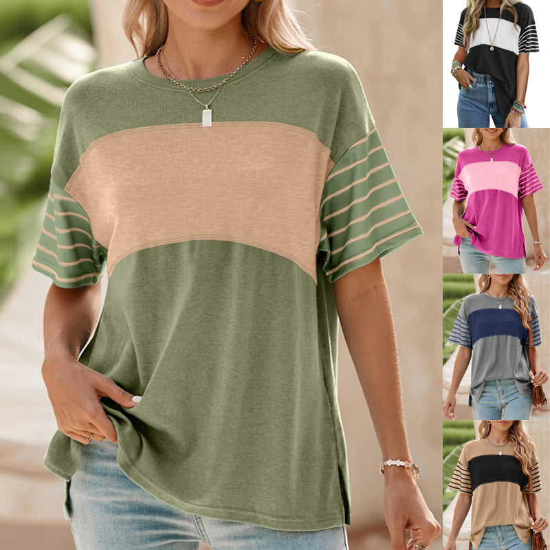 Women's Pullover Crew Neck Casual Striped Contrast Color Women's T-shirt