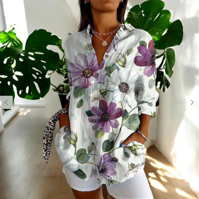 Women's Color Matching Printed Pattern Autumn Casual Loose Shirt Blouse