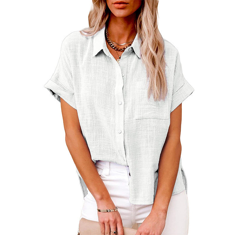 Women's Summer Solid Color Shirt Sleeve Cotton Casual Blouse