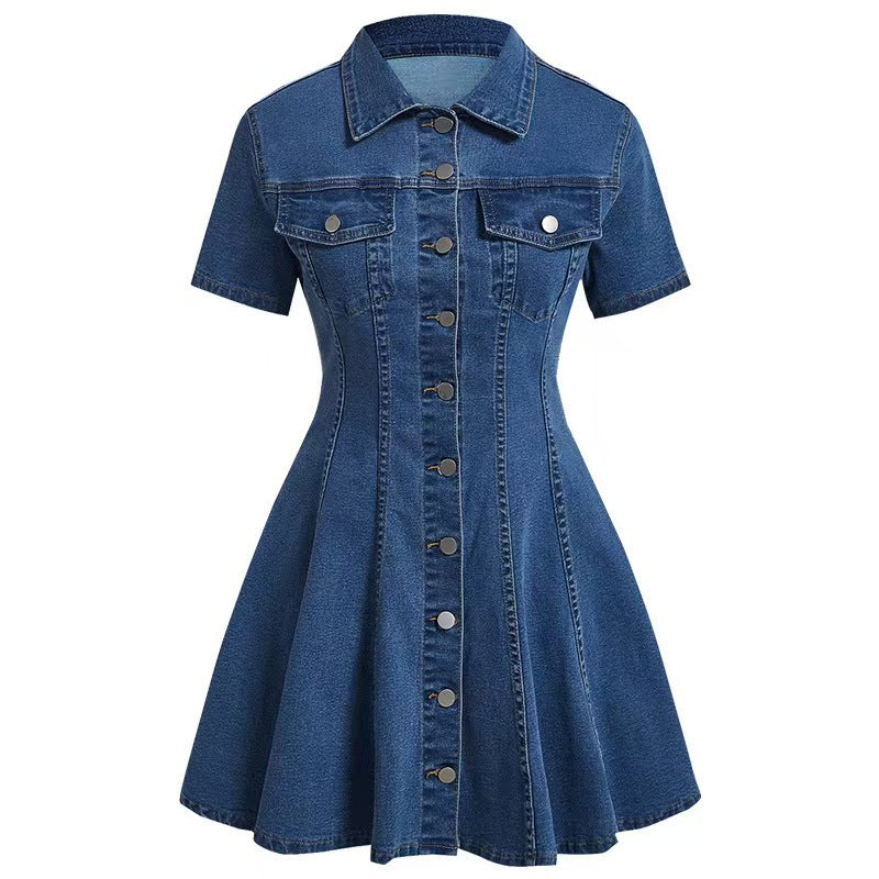 Glamorous Graceful Women's Denim Short-sleeved Waist Dress