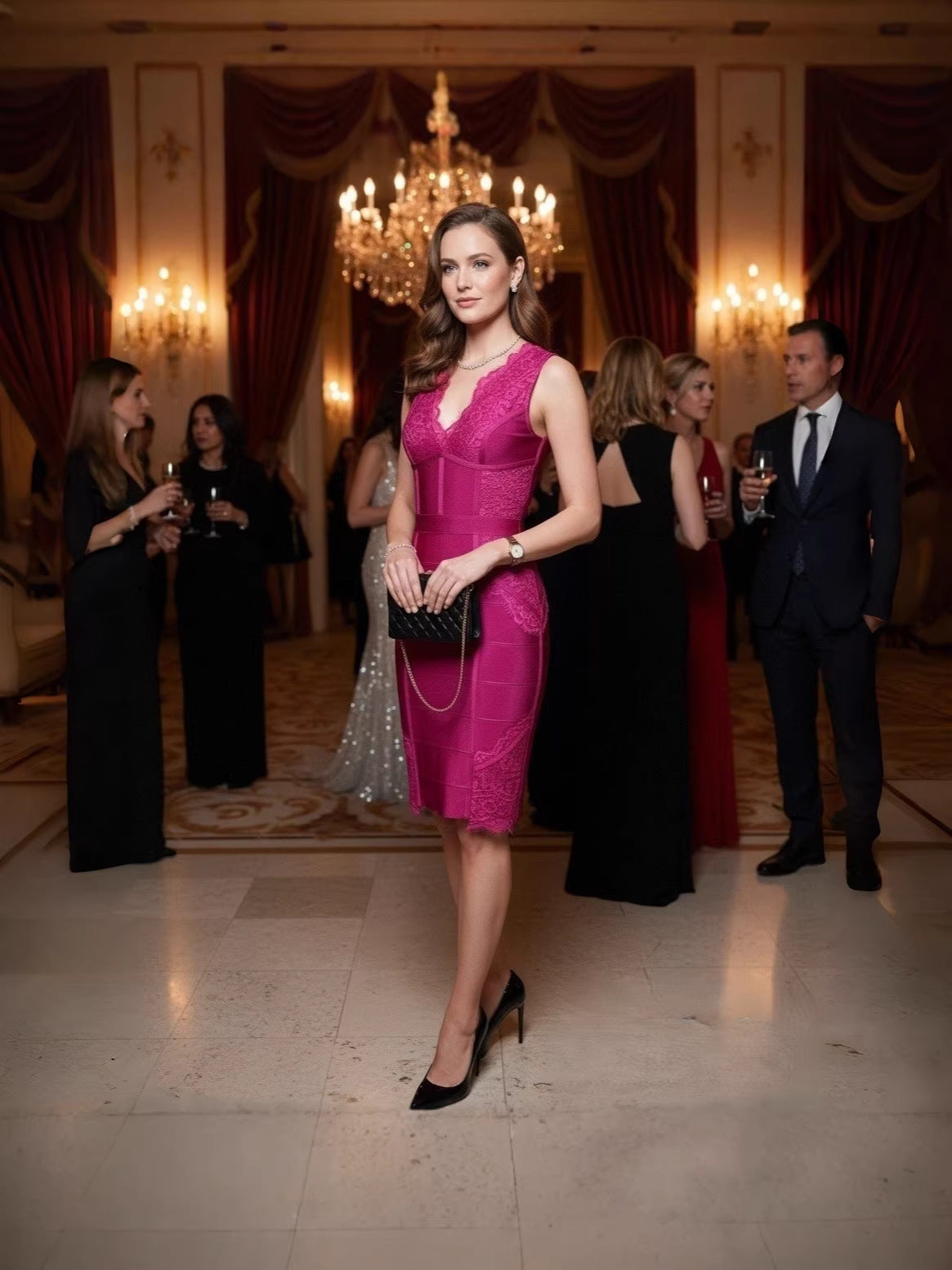 Rose Red Bright Silk Fabric Deep V Dress