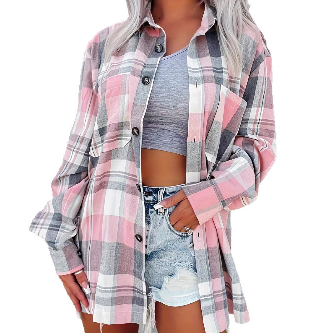 Attractive Glamorous Women's Plaid Long-sleeved Lapel Blouse