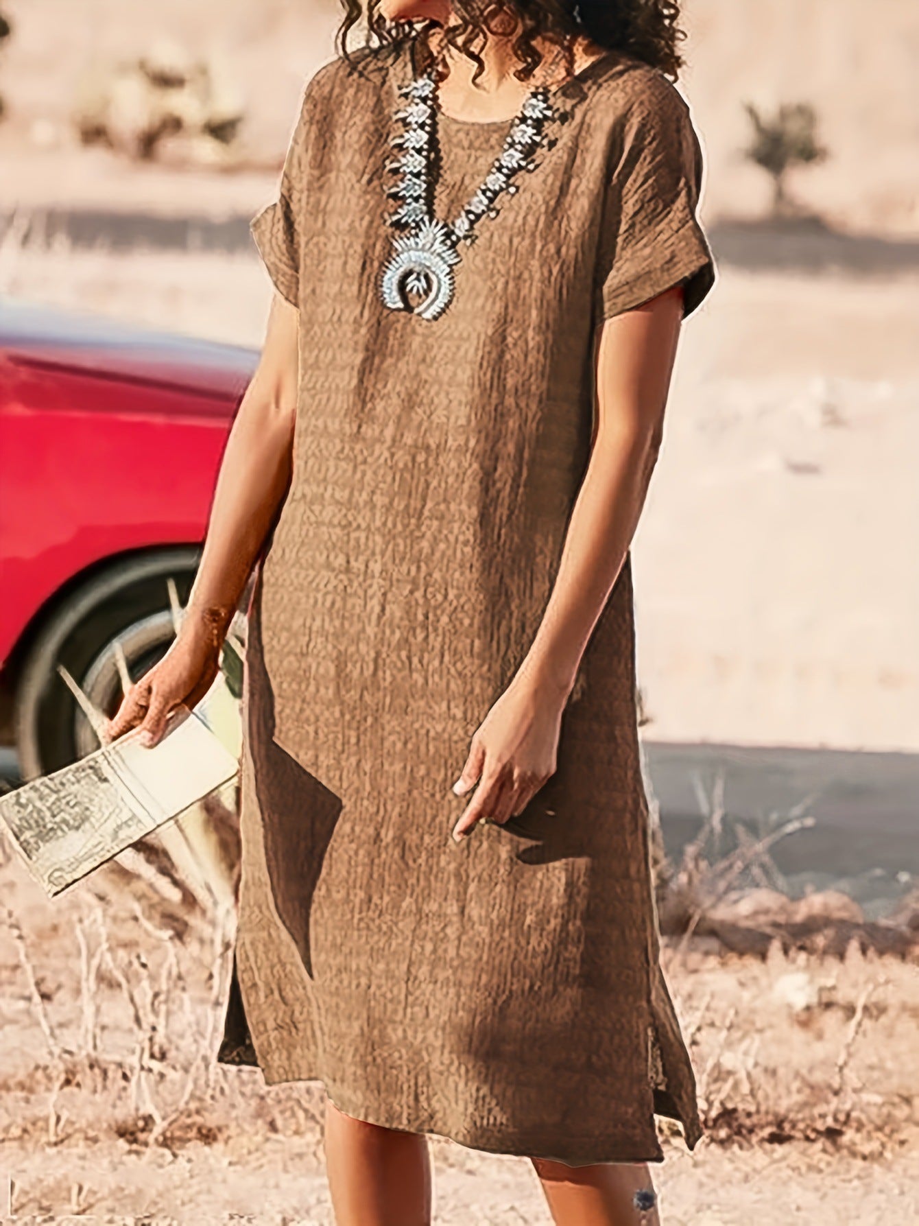 Women's Short-sleeved Casual Round Neck Side Slit Dress