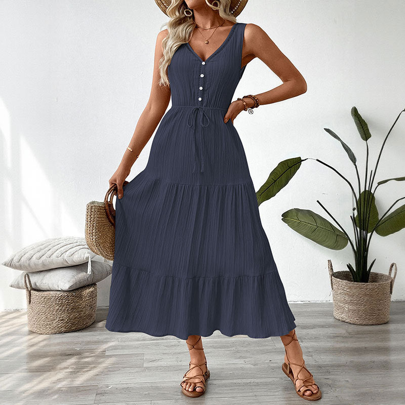 Unique Vacation Summer Texture Sleeveless Seaside Dress