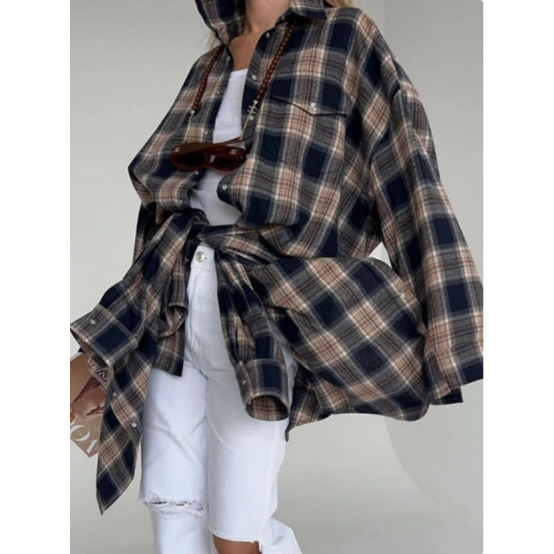Women's Style Lapel Loose Shirt Autumn Plaid Long Blouse