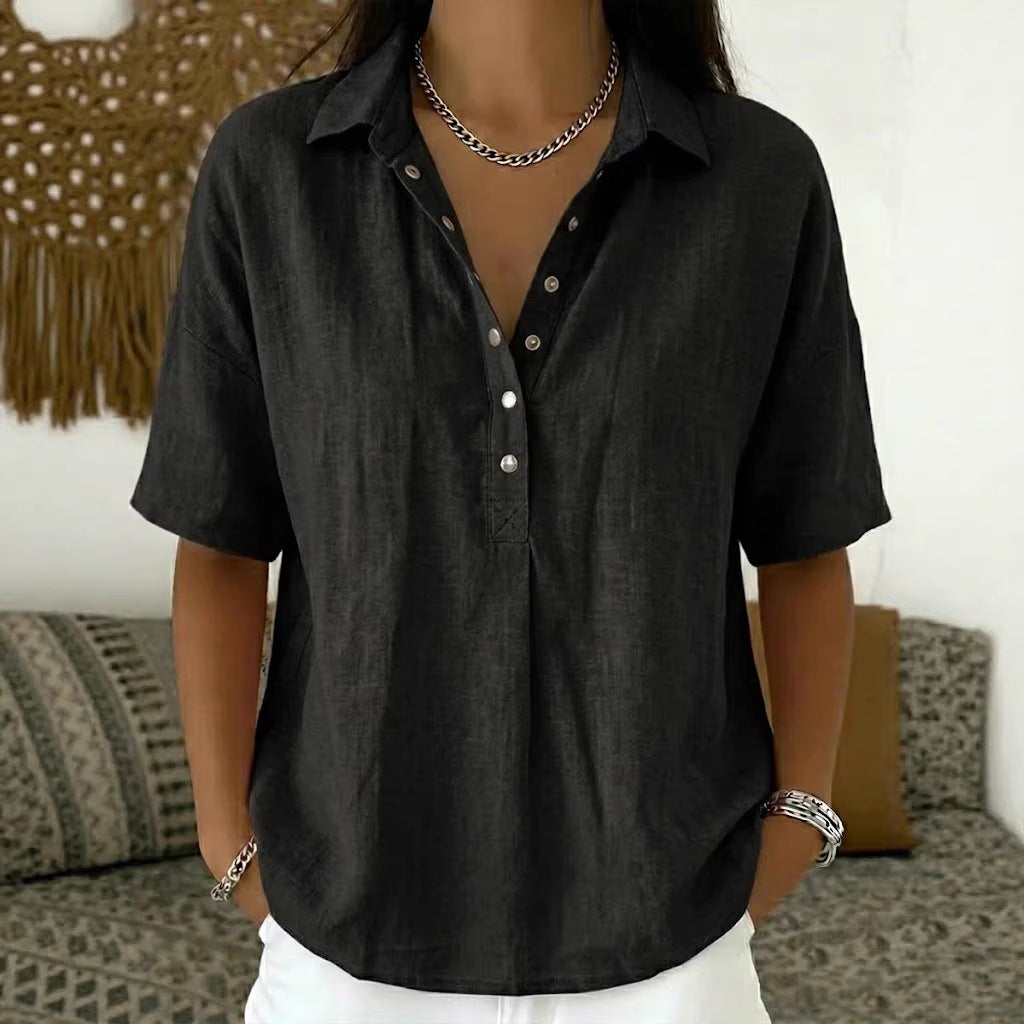 Women's Summer Loose Comfortable Lapel Sleeve Solid Color Blouse