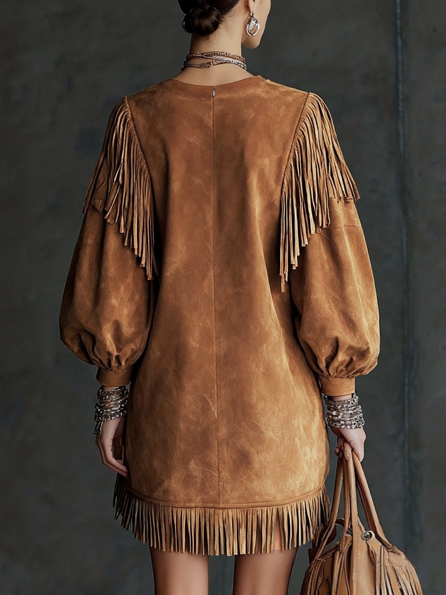 Women's Retro Western Style Suede Tassel Lantern Sleeve Loose Dress