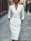 Autumn Long Sleeve Pocket Sheath Belted Dress