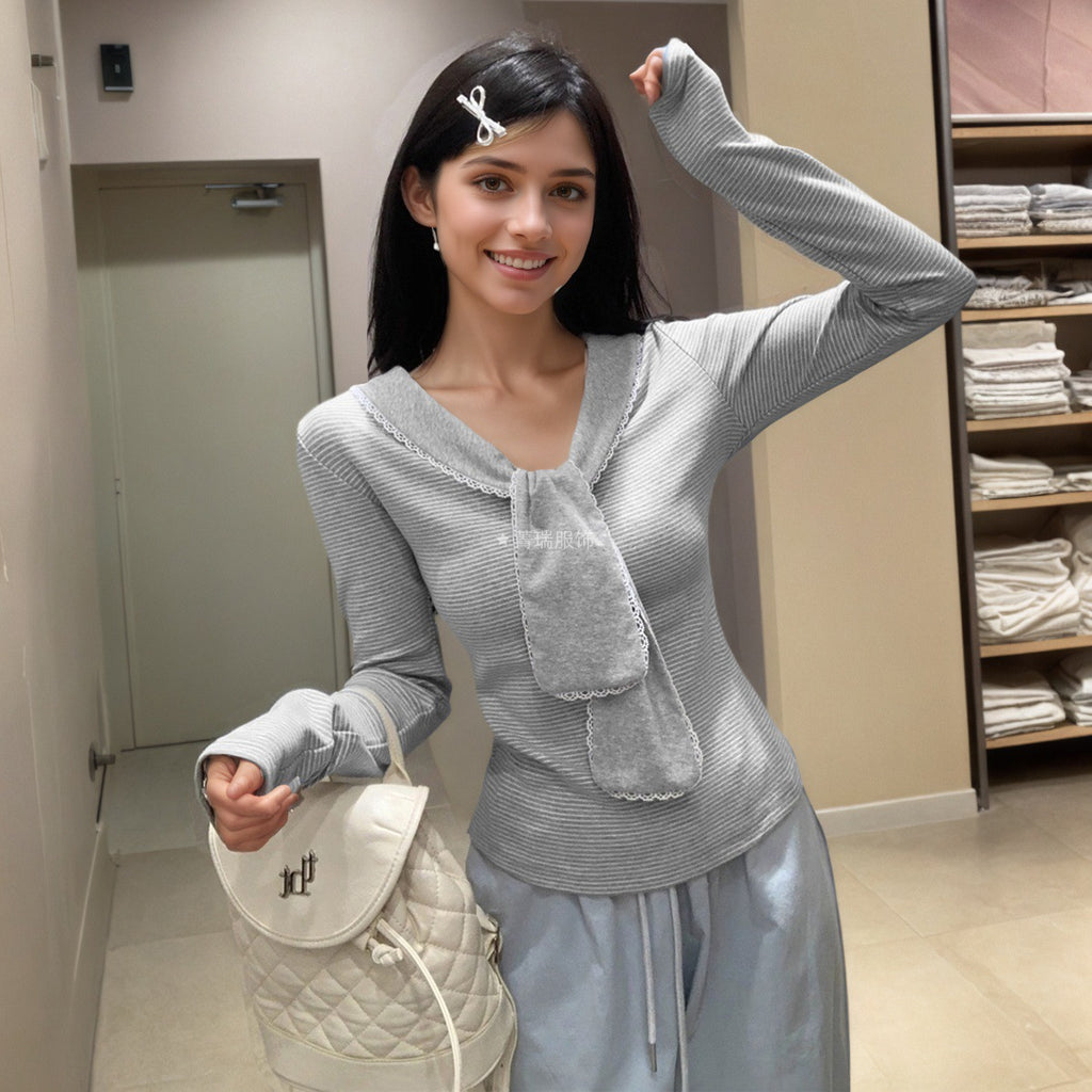 Women's Striped Wear Navy Collar Slim Long Sweaters