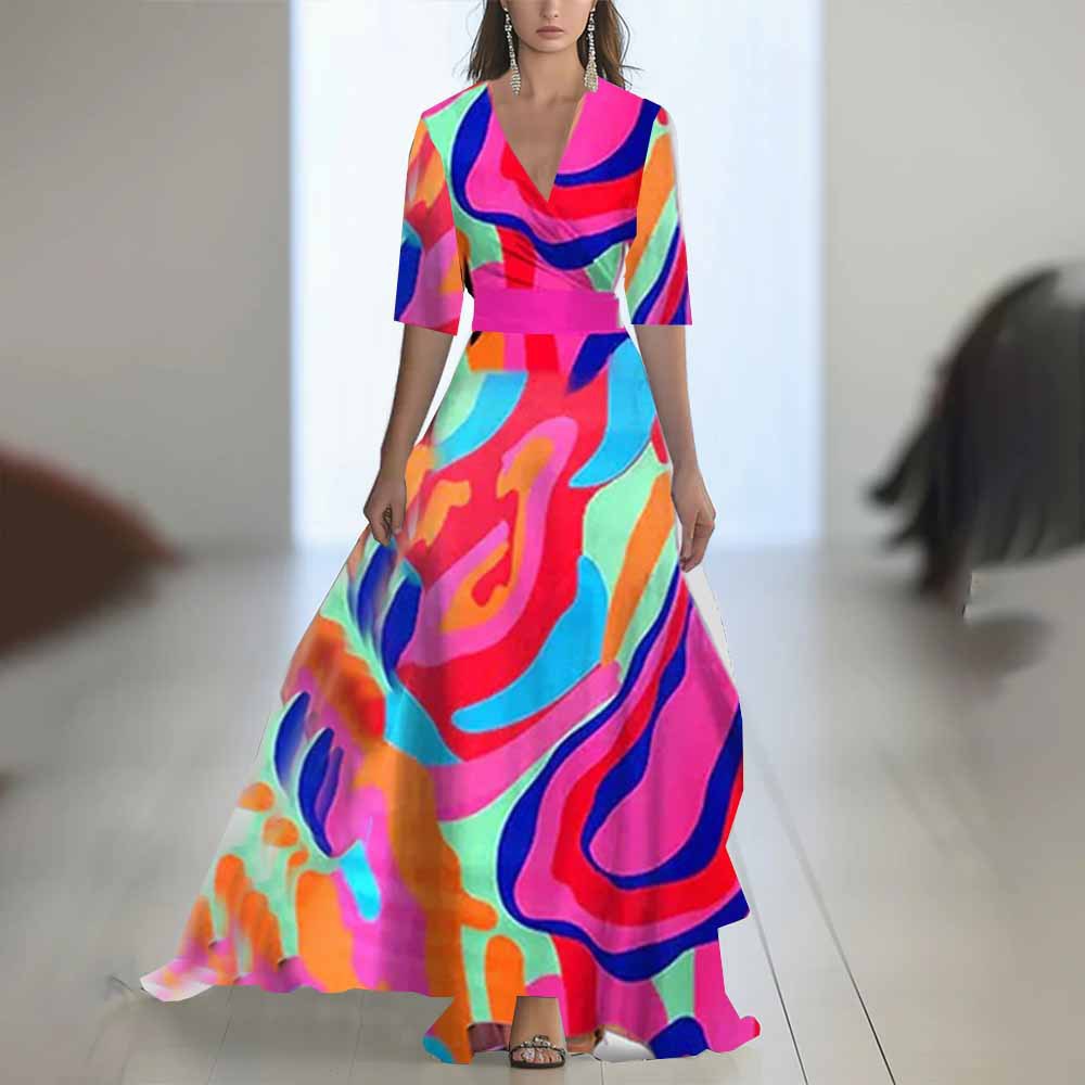 Women's Digital Printing Long Sleeve Collar Patchwork Dress