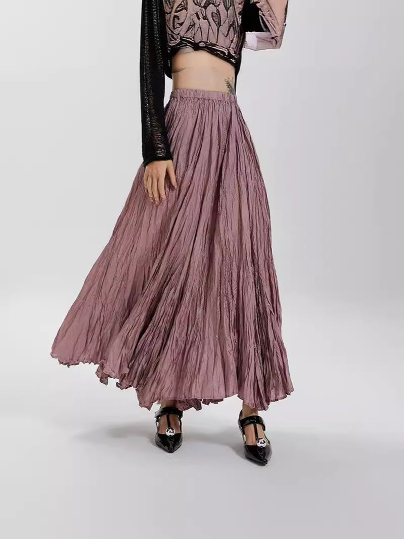 Women's Irregular Pleated A- Line Large Hem Umbrella Elastic High Waist Skirt