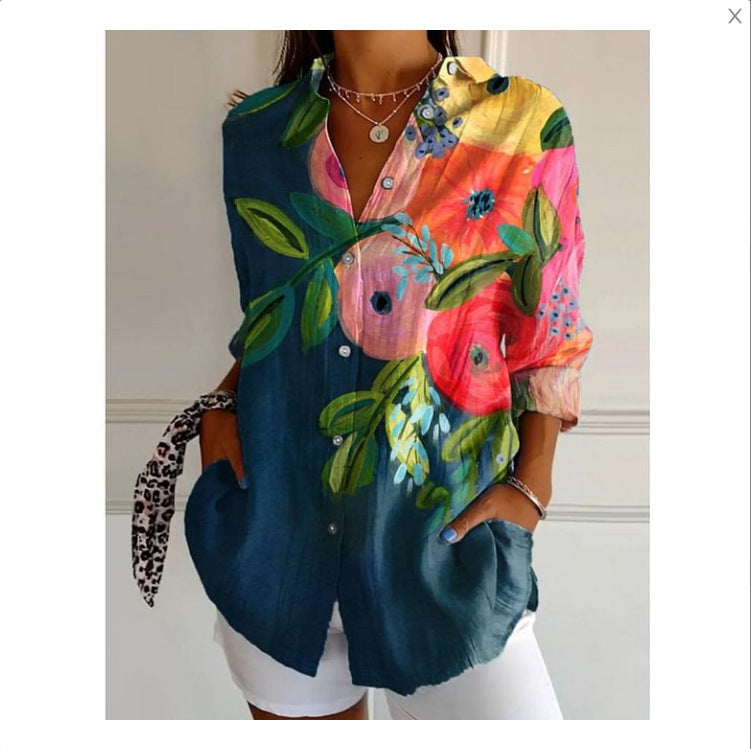 Women's Digital Printing Abstract Pattern Long Sleeve Buckle Blouse