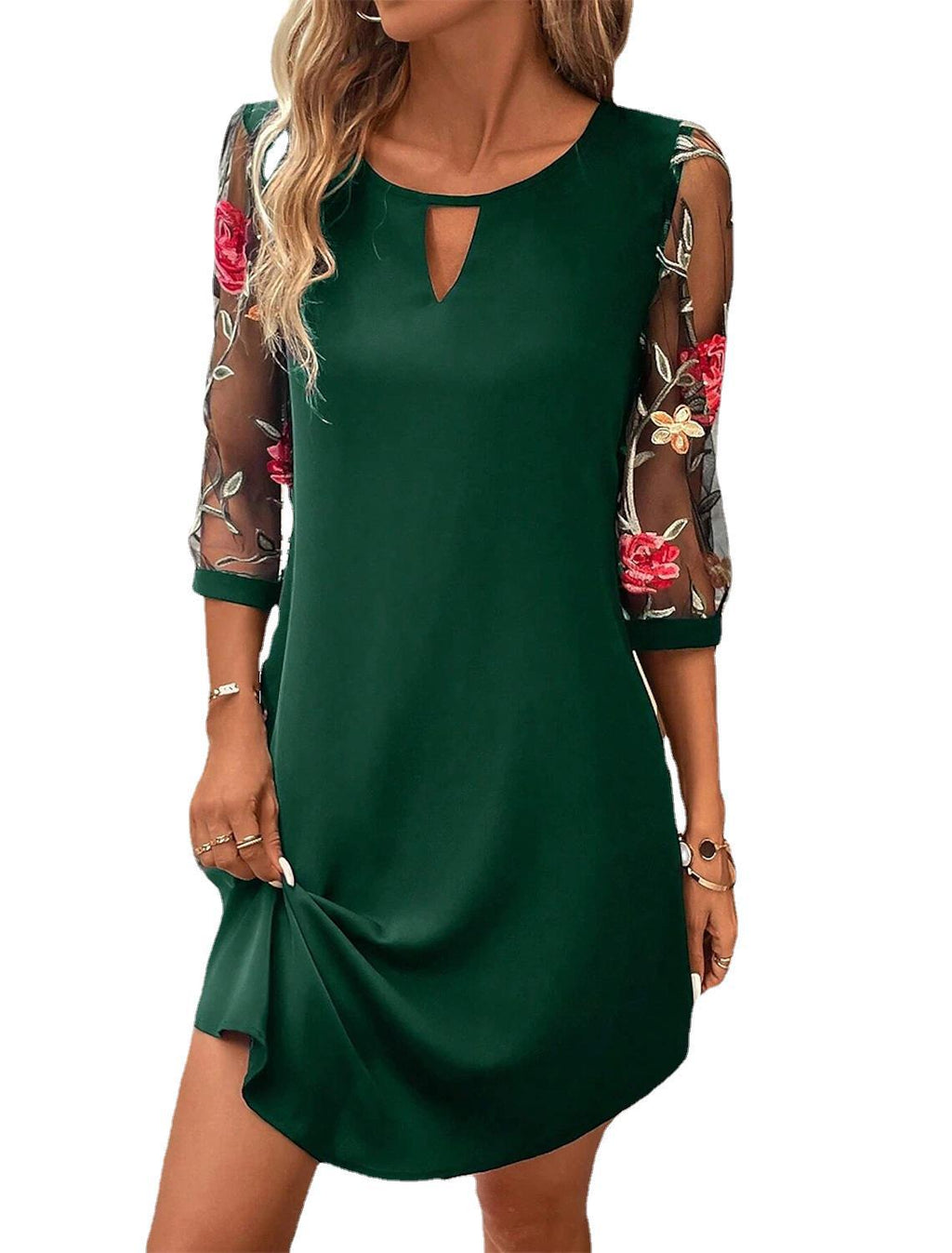 Women's Summer Round Neck Lace Three-quarter Sleeve Dress