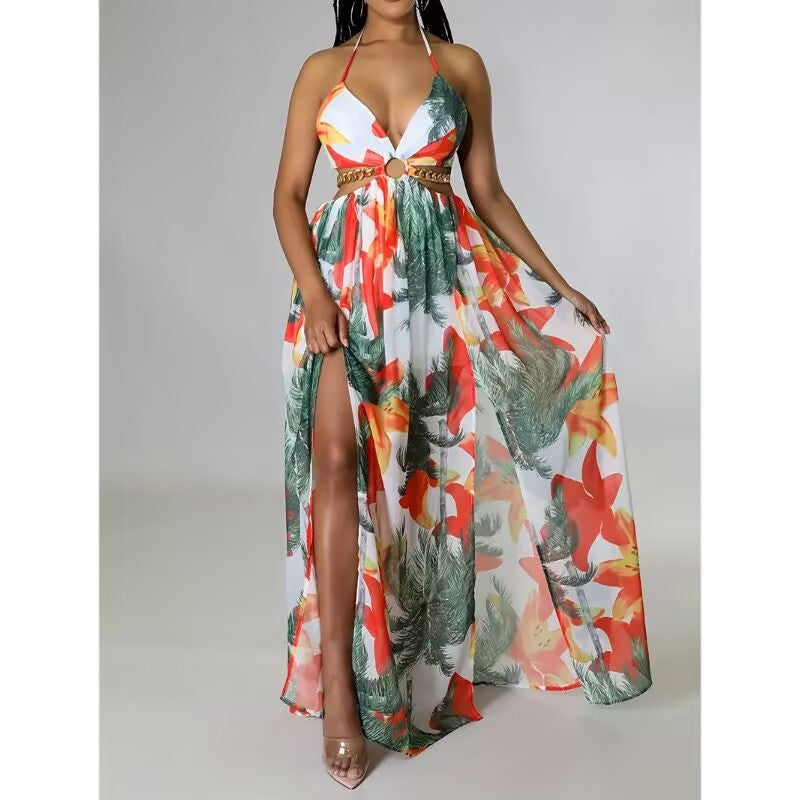 Women's Floral Backless Side Slit Suspender French Print Dress