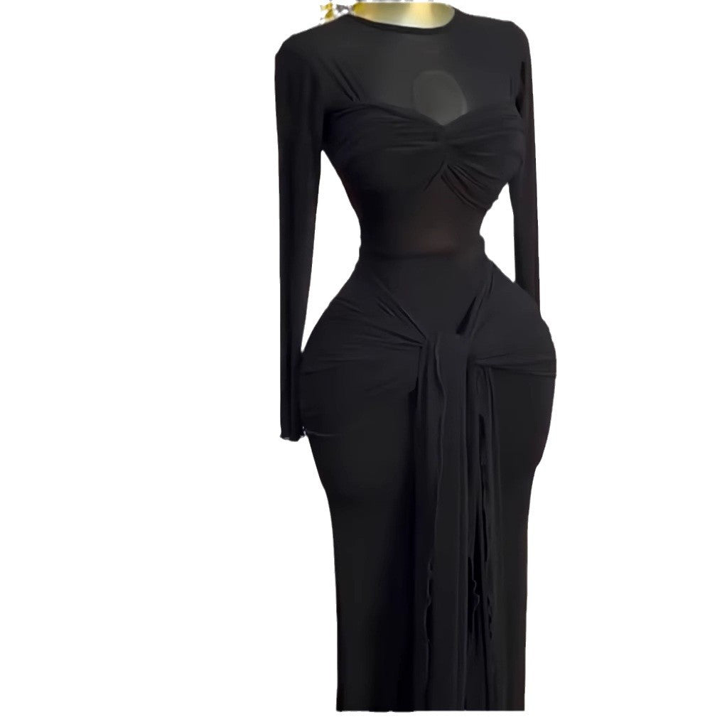 Women's Spring Solid Color Long Sleeve Round Dress