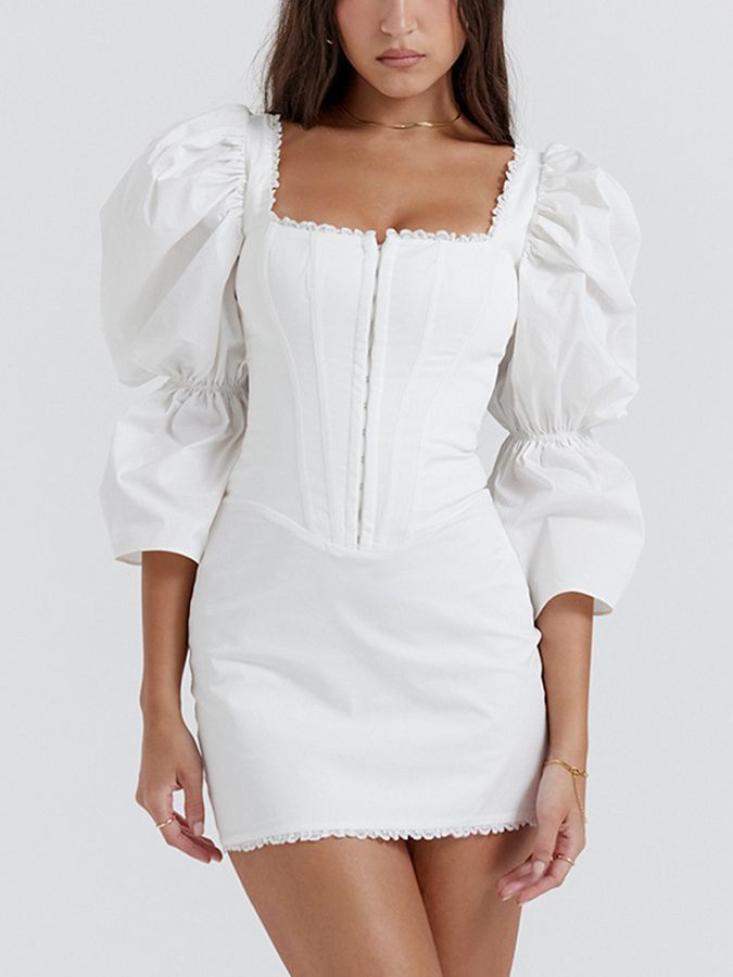 Design Solid Color Temperament Midi Hot Fashion Puff Dress
