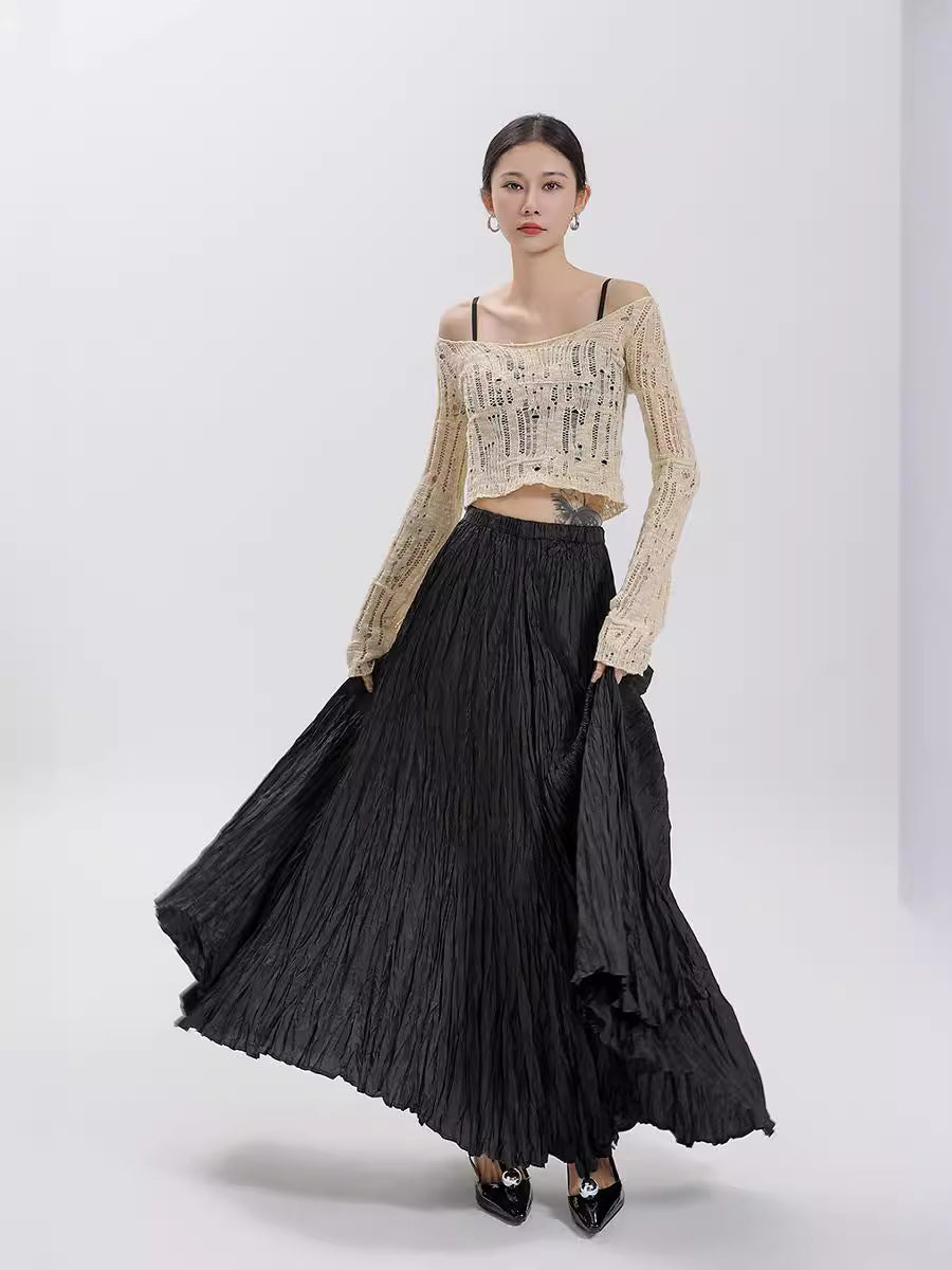 Women's Irregular Pleated A- Line Large Hem Umbrella Elastic High Waist Skirt