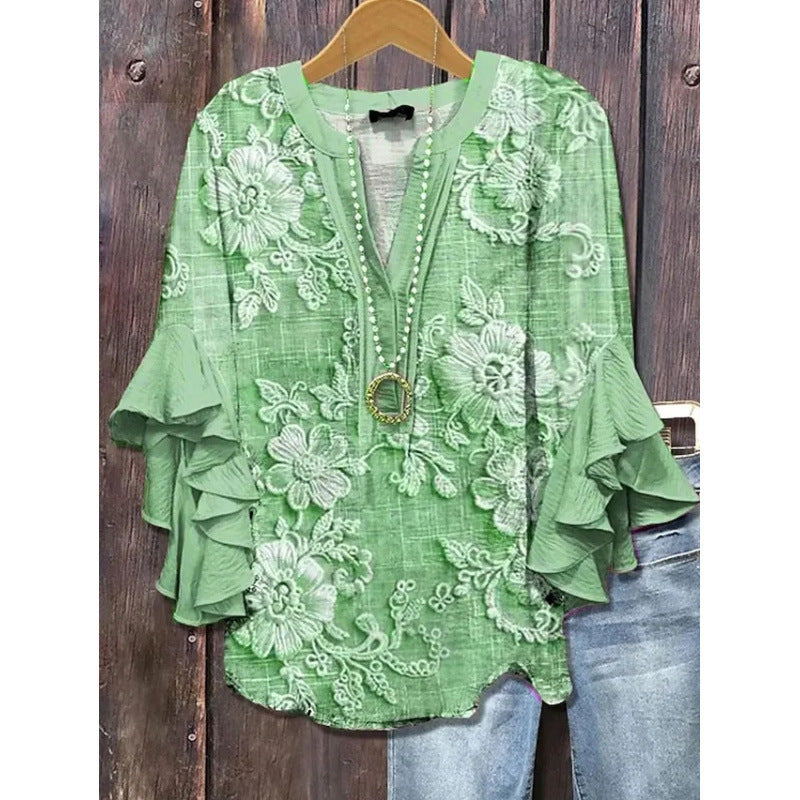 Women's Floral Element Print Casual Trend Lotus Tops