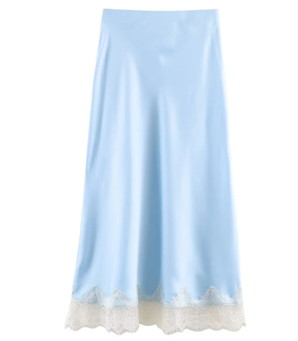 Women's Fashion Lace Silk Satin Texture Midi Skirt