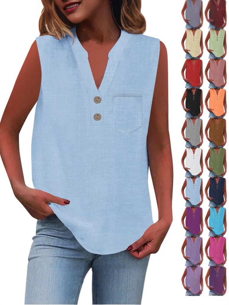 Women's Large Loose Slub Cotton Pocket Idle Tops