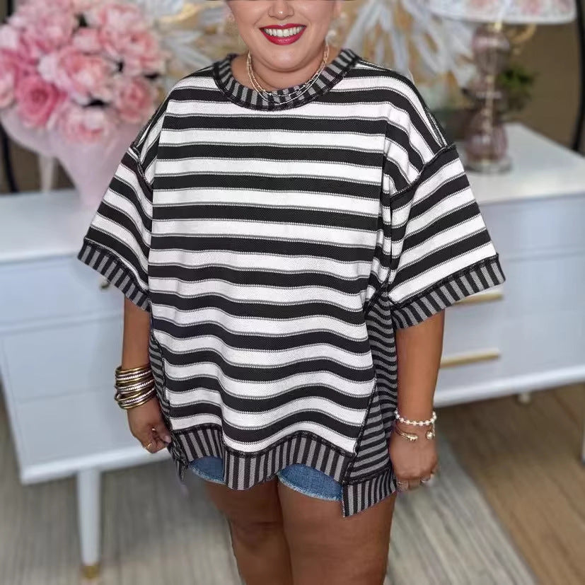 Women's Comfort Casual Loose Striped Printed Sleeve Women's T-shirt