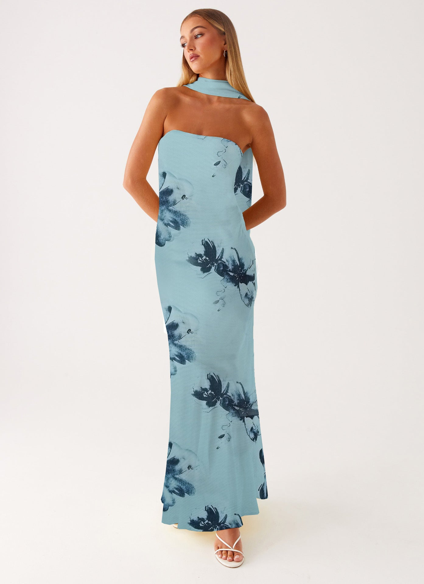Graceful Satin Backless Tube Digital Printed Dress