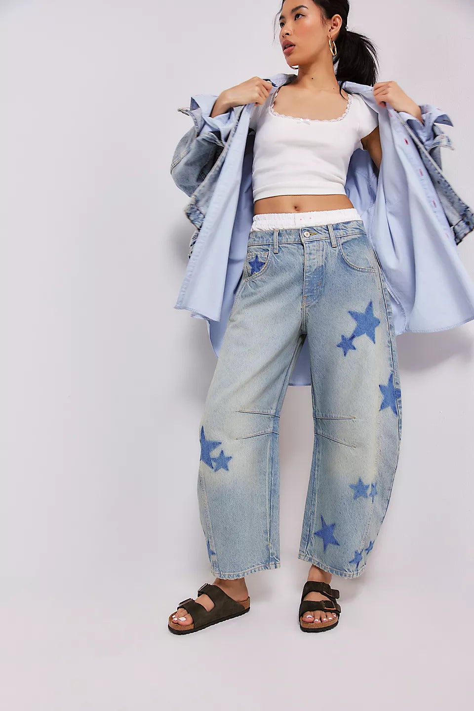 Women's Spring Leisure Loose Mid Waist Cylindrical Women's Jeans