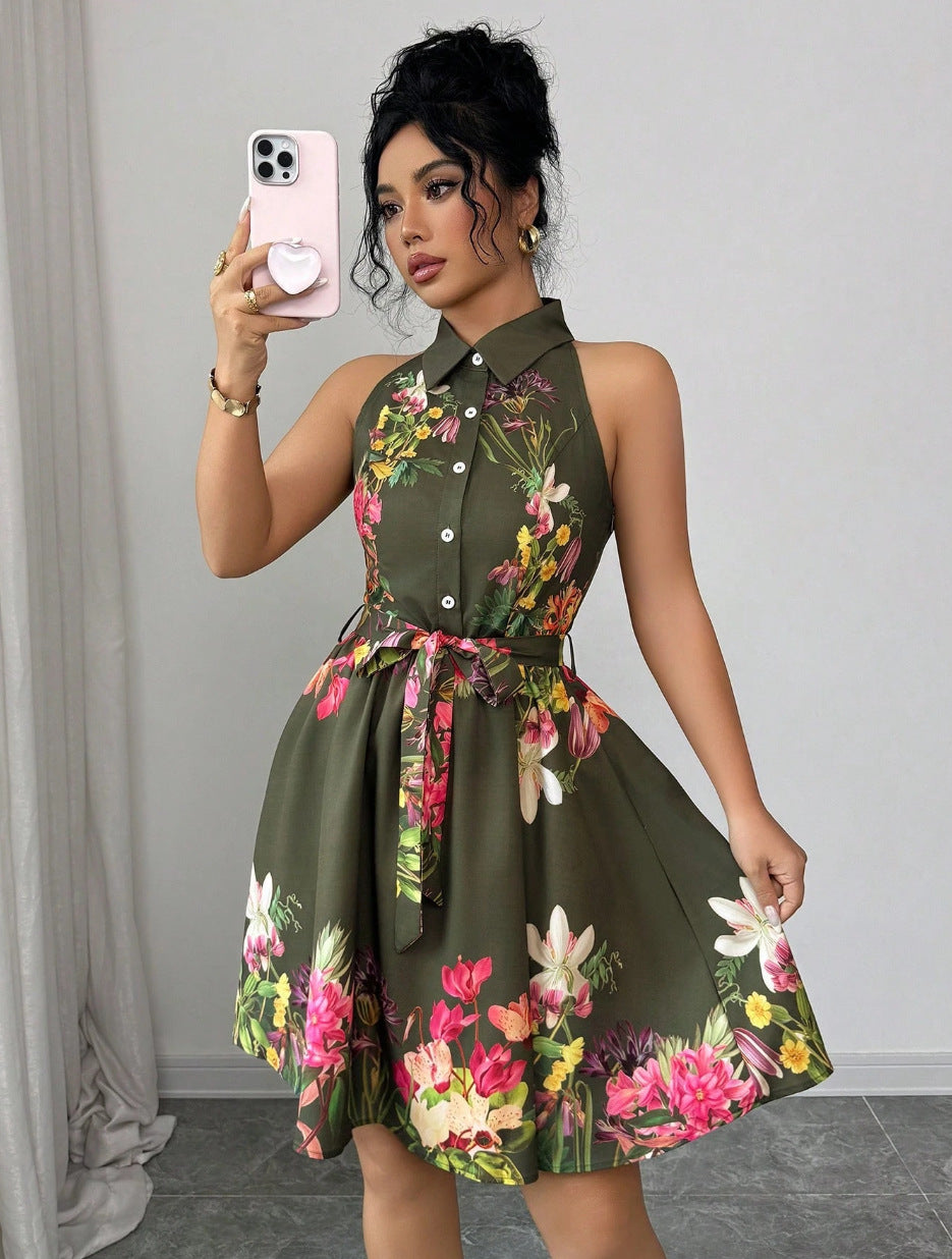 Stylish Fashion Charming Flower Print Halter Dress