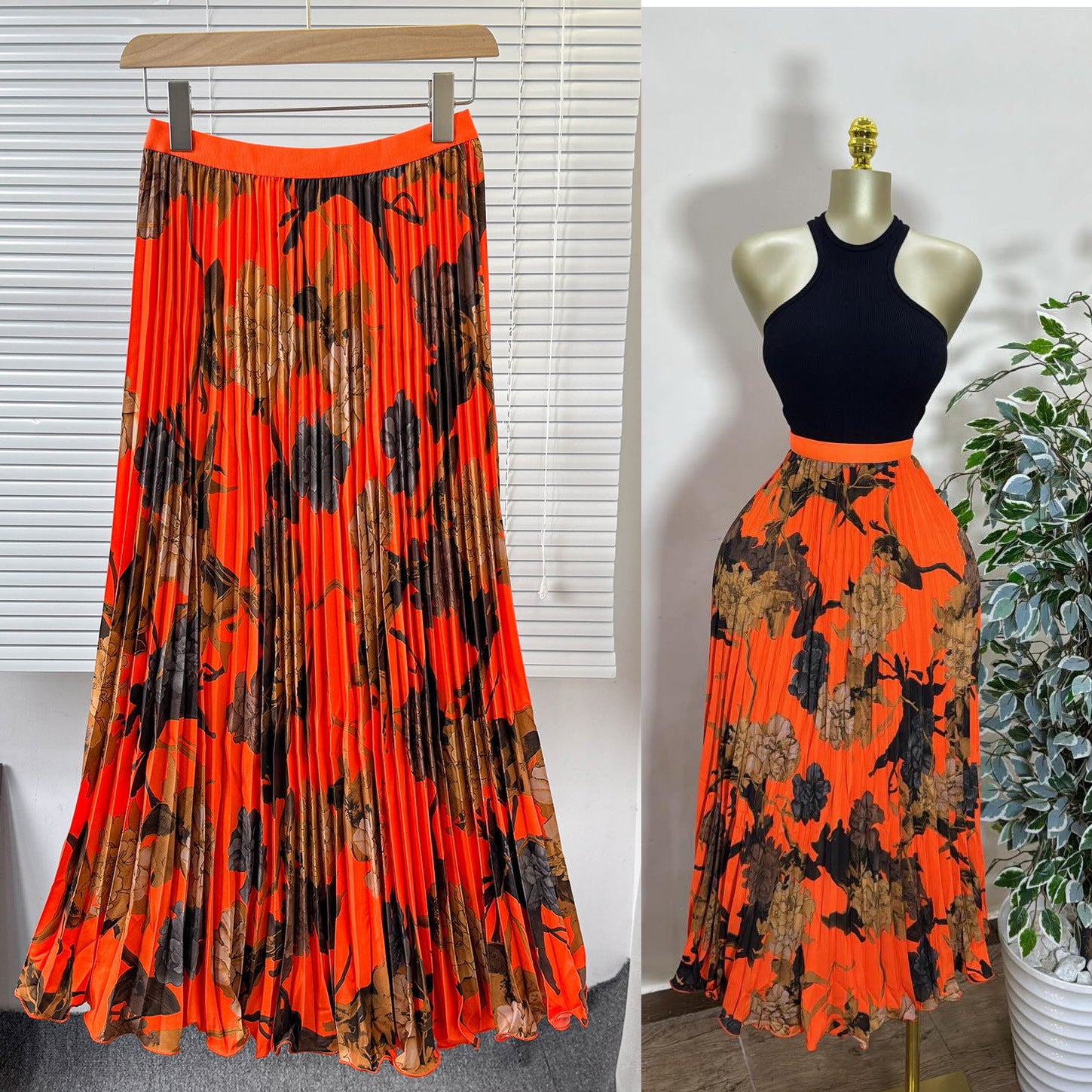 Women's Retro Printed High Waist A- Line Mid-length Pleated Large Hem Skirt