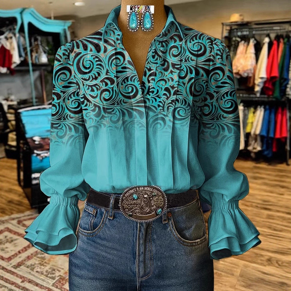 Women's Digital Printing Bohemian Trendy Bell Sleeve Blouse