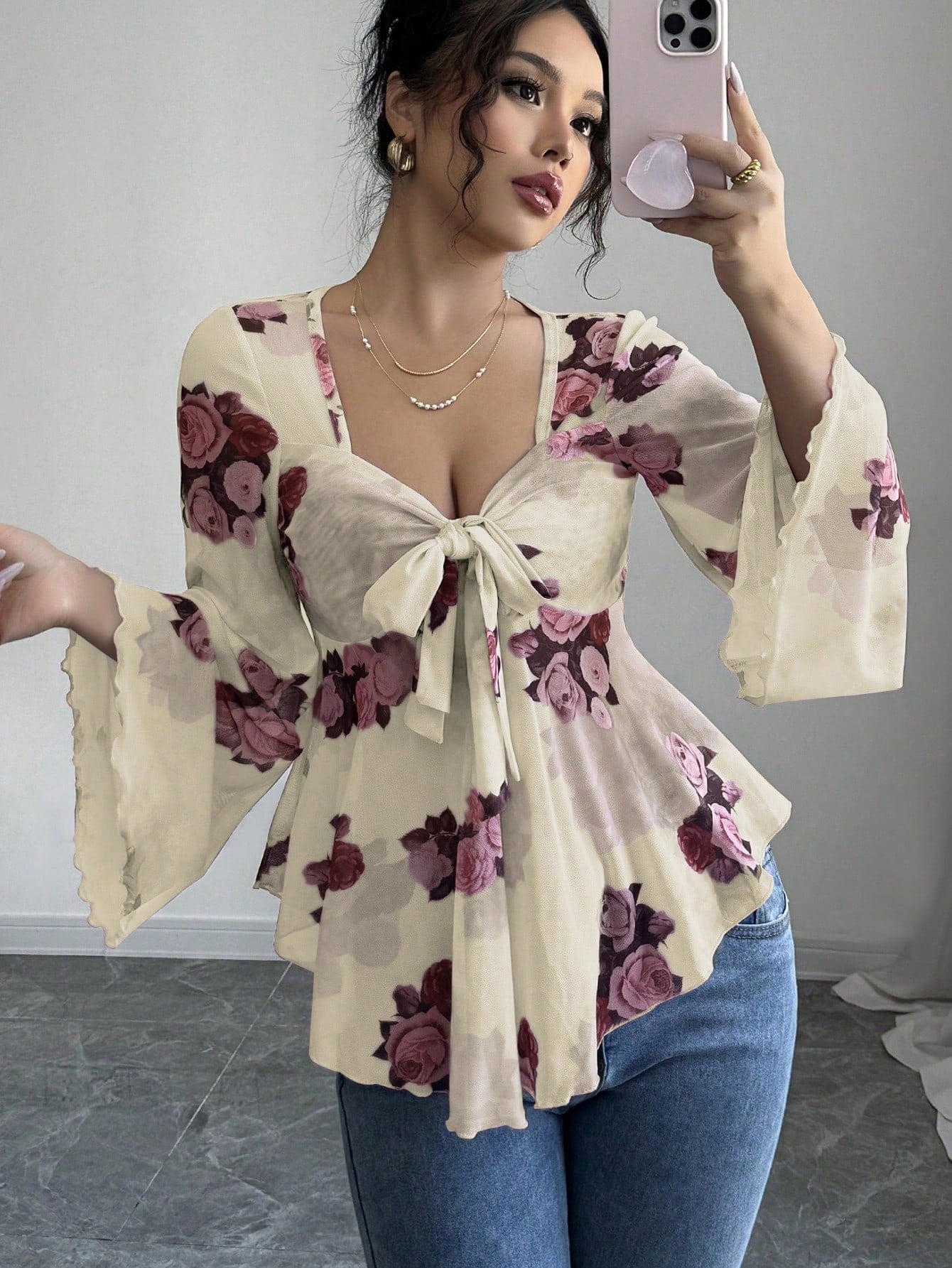 Design Sense French Sweet Flower Blooming Square Collar Long Blouse