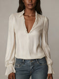 Women's Spring Stylish Temperament Long Sleeves Solid Color Casual Lapel Shirt Blouse