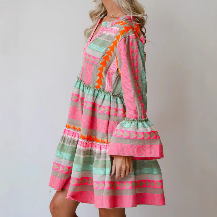 Slouchy Fashion Printing Stand-up Collar Sleeve Dress