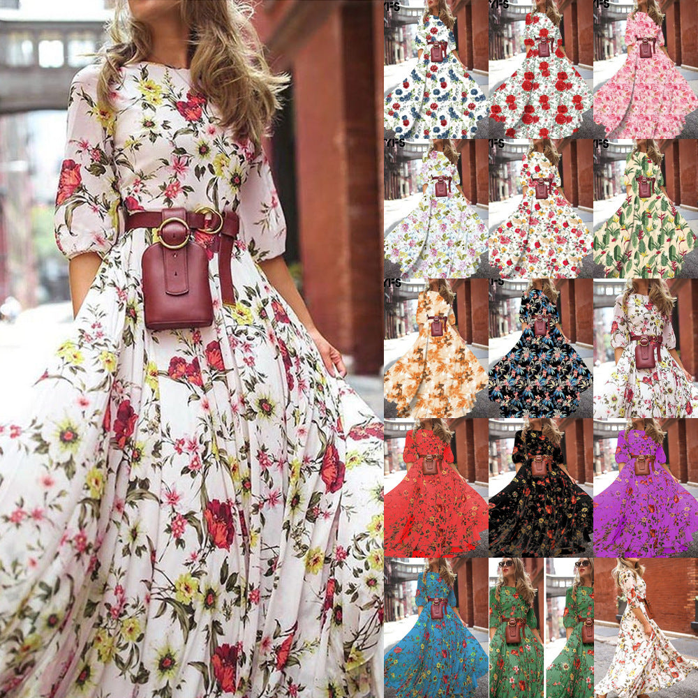 Printed Large Swing Elegant Chiffon Floral Dress