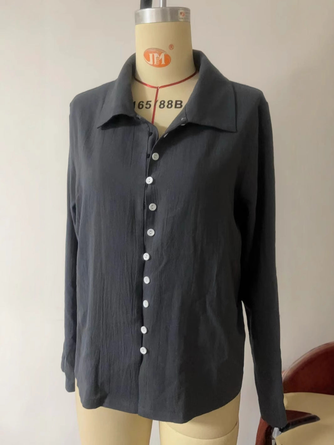 Women's Button Polo Collar Solid Color Long Sleeve Blouse
