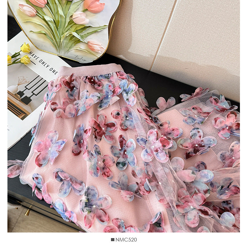 Women's Flower Mesh Stitching Autumn High Waist A- Line Loose Large Skirt
