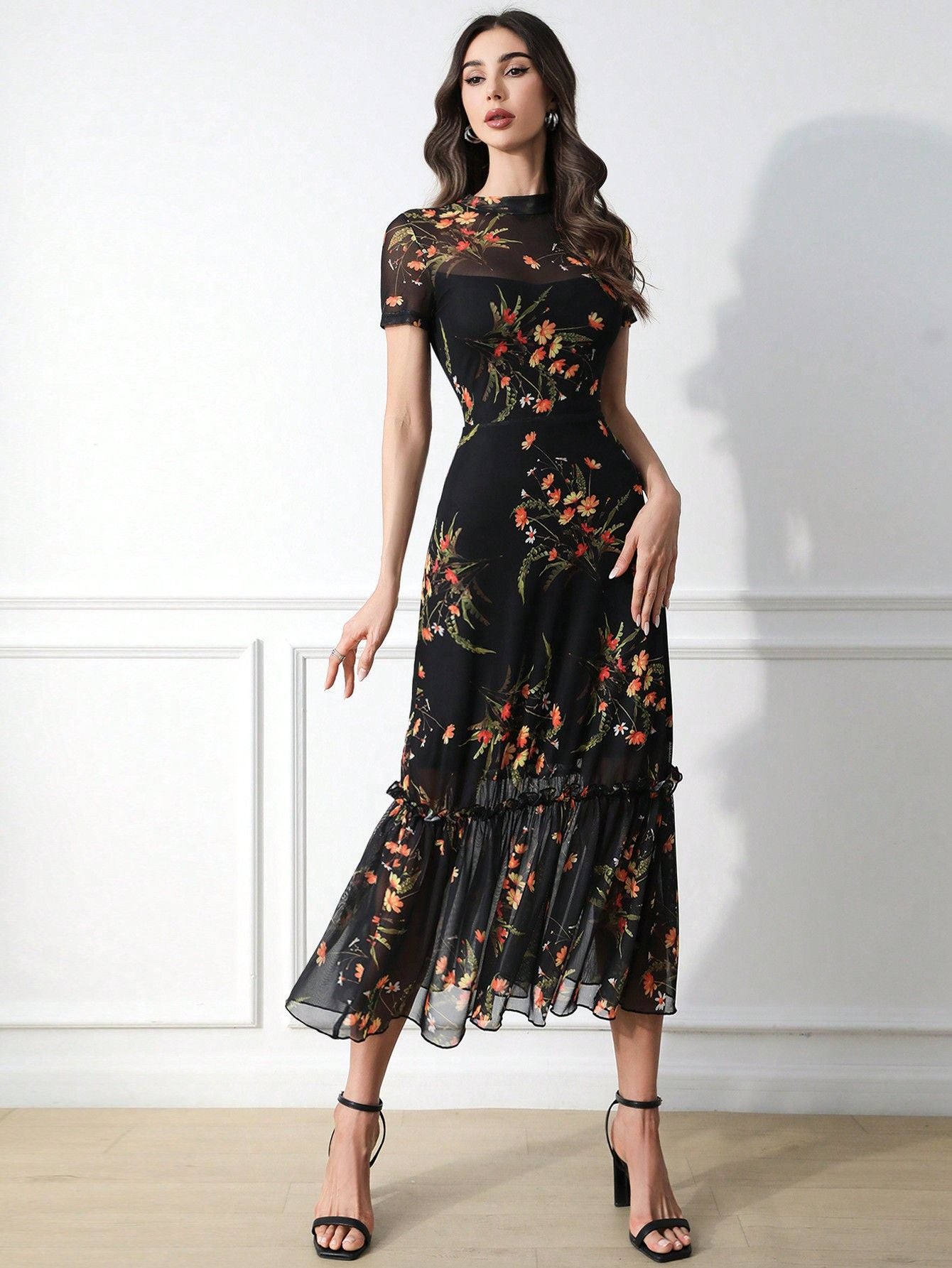 Dark Elegant Floral Print Sleeve Mesh Dress