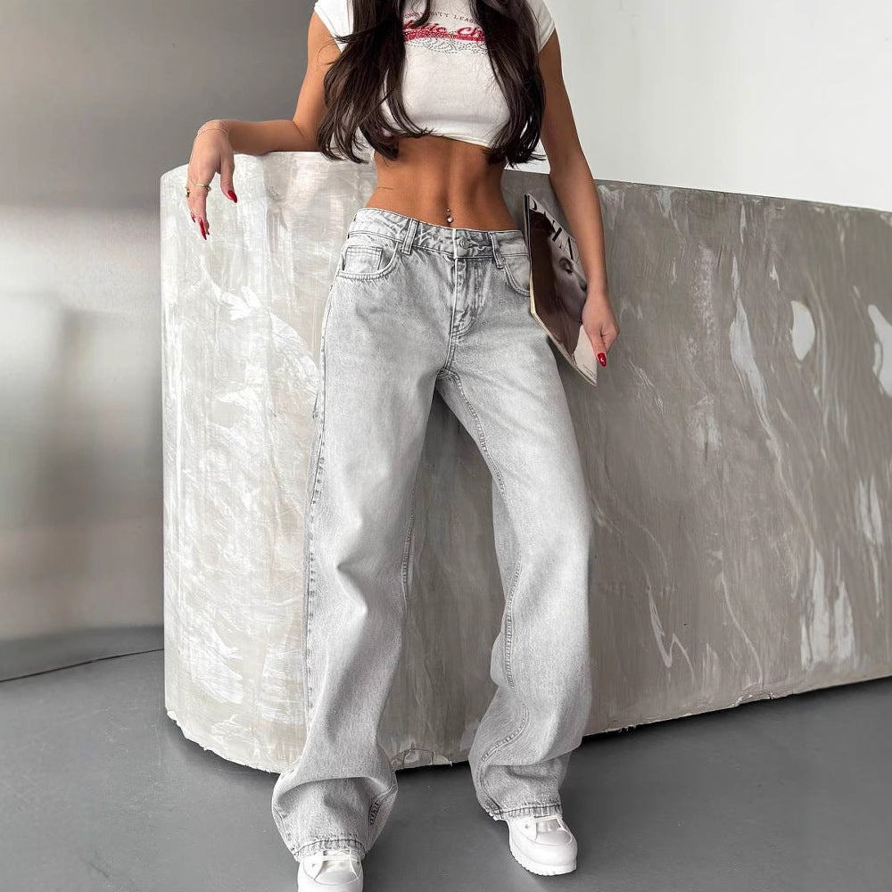 Women's Popular American Style Retro Washed Distressed Loose Straight Wide Leg Clothing