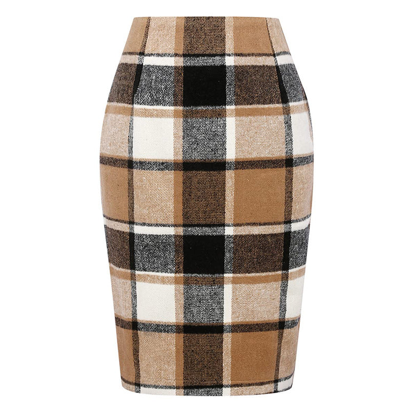 Women's Pencil Tartan High Waist Tight Hip Knee-length Dress