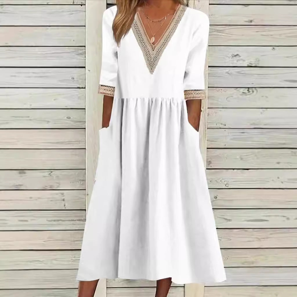 Women's Loose Cotton Linen Lace Collar Half Dress