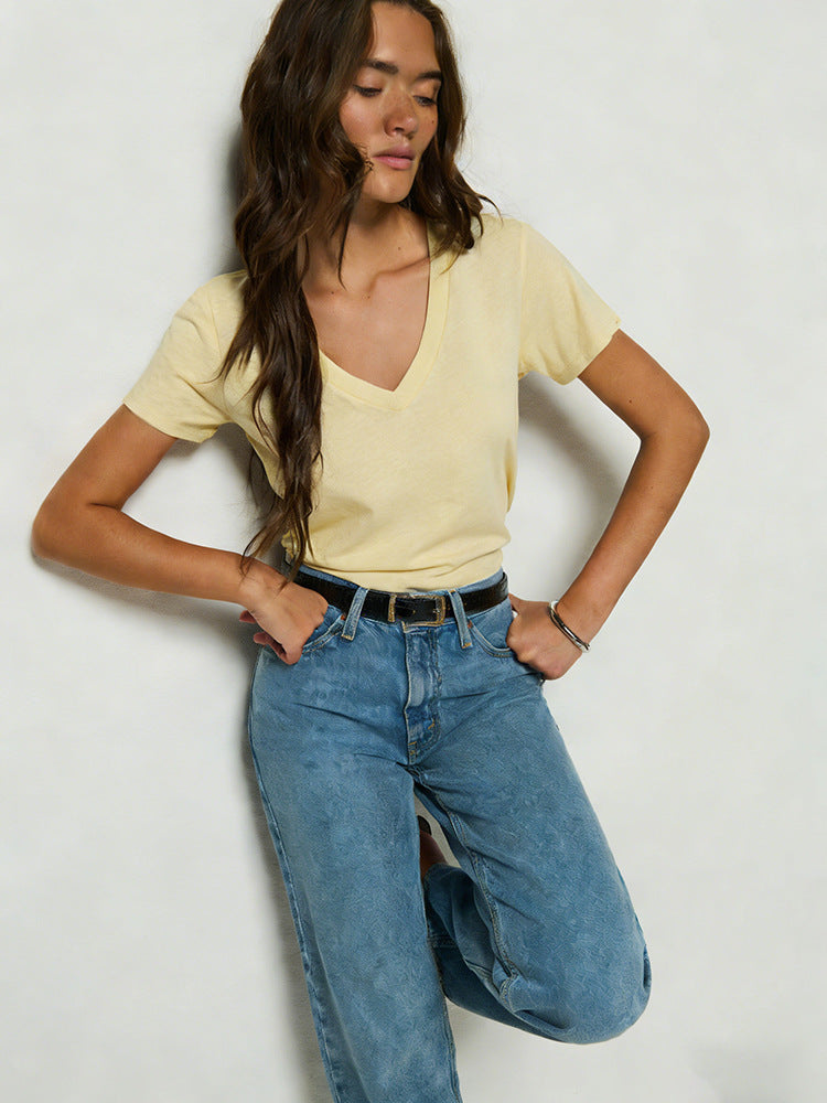 Summer Cotton Knitted Linen Sleeve Simple Women's T-shirt