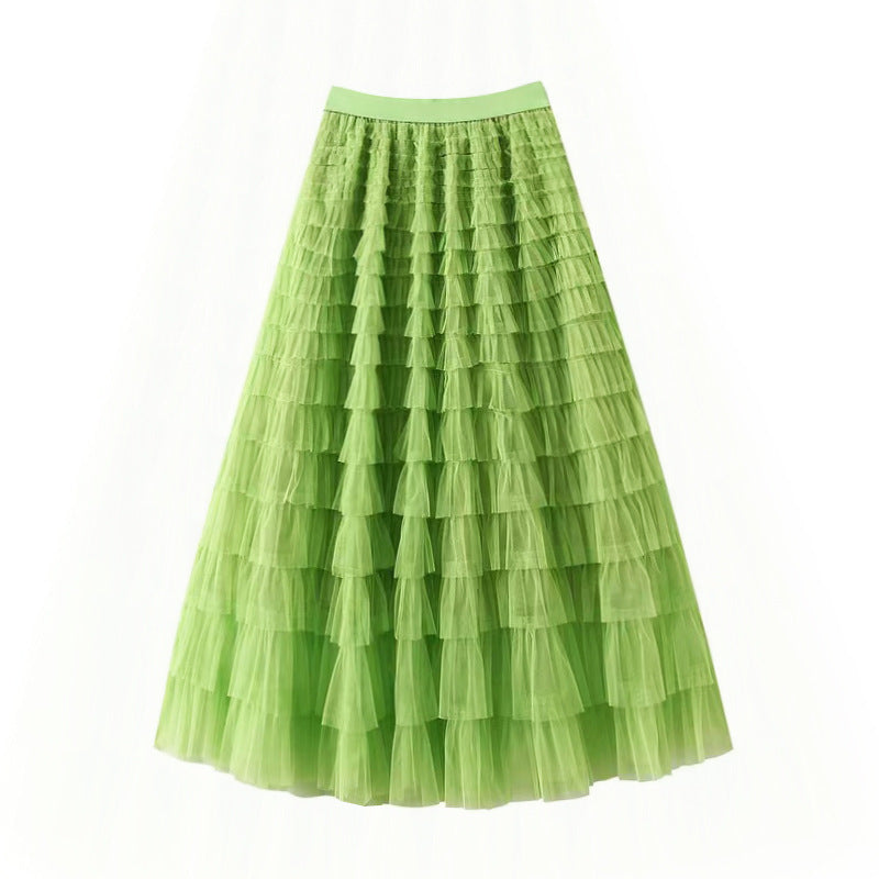 Women's Long Autumn Elegant Solid Color High Waist Net Yarn Cake Skirts