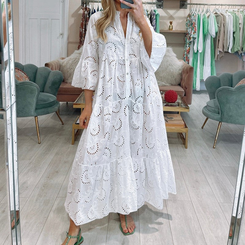 Women's French Style Bell Sleeve Lace Solid Color Sexy Long Dress