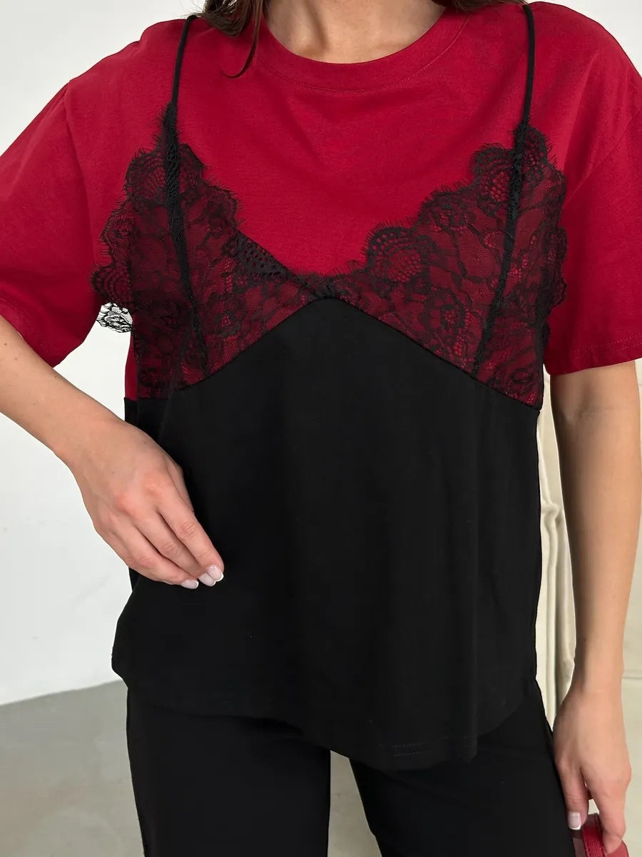 Women's Lace Stitching Loose Basic Style Round Neck Women's T-shirt