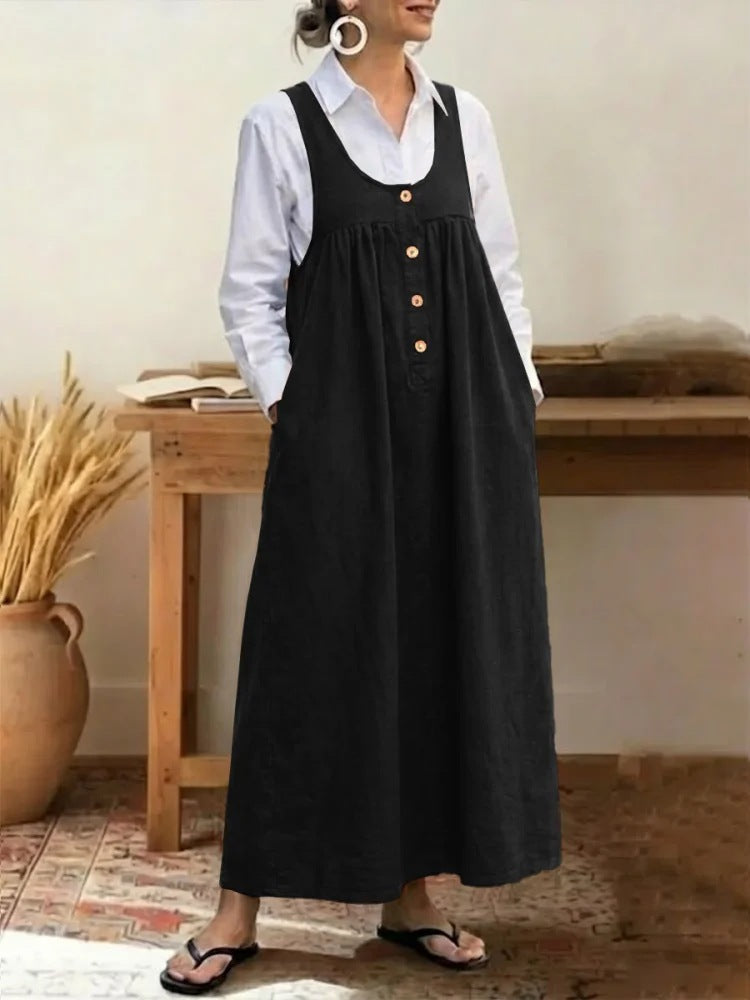 Solid Color Buttons Suspender Sleeveless Loose Dress