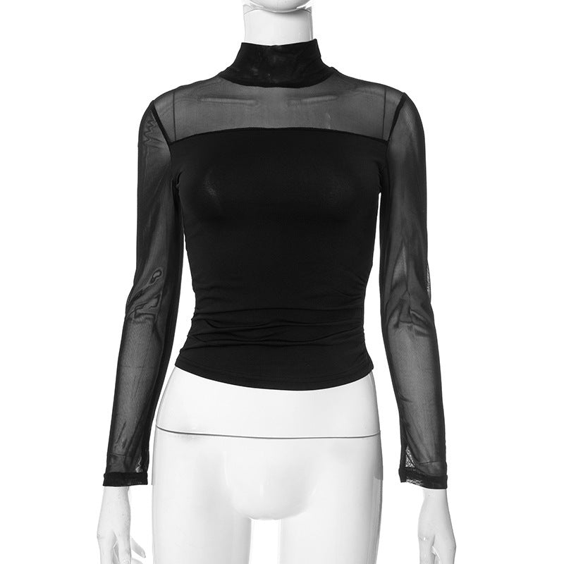 Women's Pure Color Half Collar Mesh Stitching Women's T-shirt