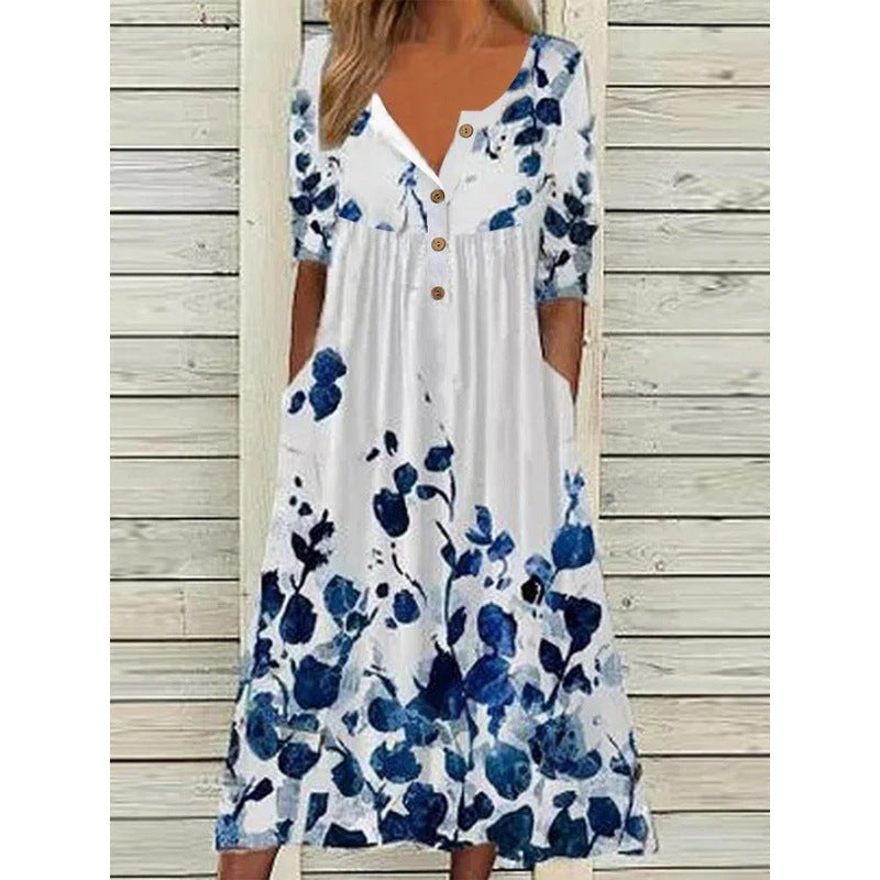 Women's Spring Printed Button Sleeve Pocket Dress