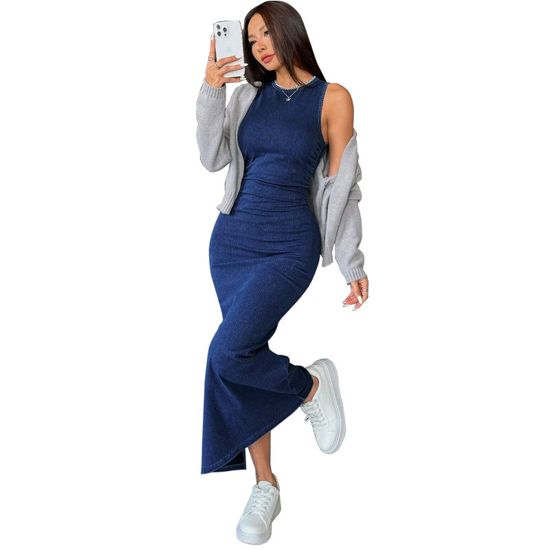 Women's Denim Round Neck Sleeveless Slim Fit Hip Dress