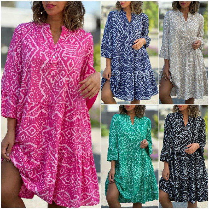 Women's Collar Bell Sleeve Cake Flowers Stitching Dress