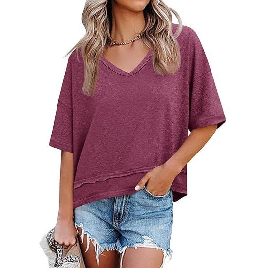Women's Solid Color Half Sleeve Hem Stitching Women's T-shirt